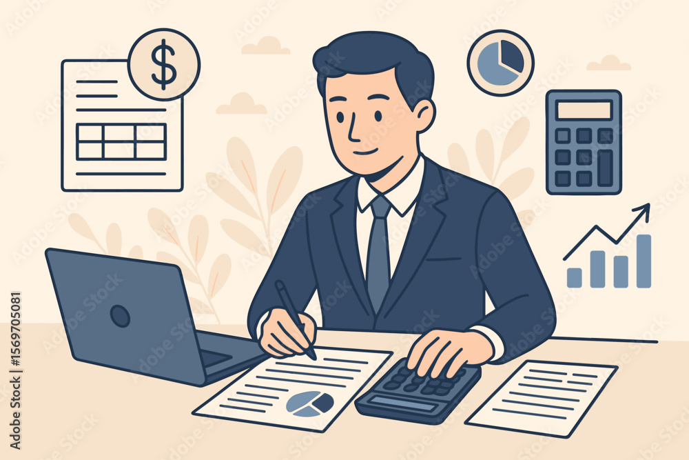 Businessman calculating tax with laptop, calculator, and financial documents. Concept of online tax filing, accounting management, finance analysis, and tax payment planning. Businessman calculating tax with laptop, calculator, and financial documents. Concept of online tax filing, accounting management, finance analysis, and tax payment planning.