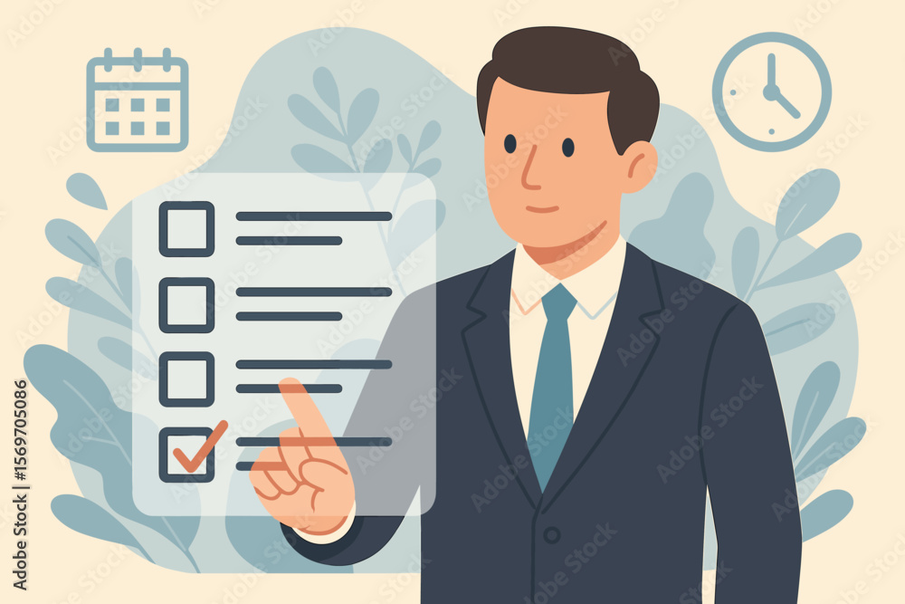 Businessman managing tasks on a virtual checklist interface. Concept of productivity, planning, and project management. Digital workflow, to-do list, time management success. Businessman managing tasks on a virtual checklist interface. Concept of productivity, planning, and project management. Digital workflow, to-do list, time management success.