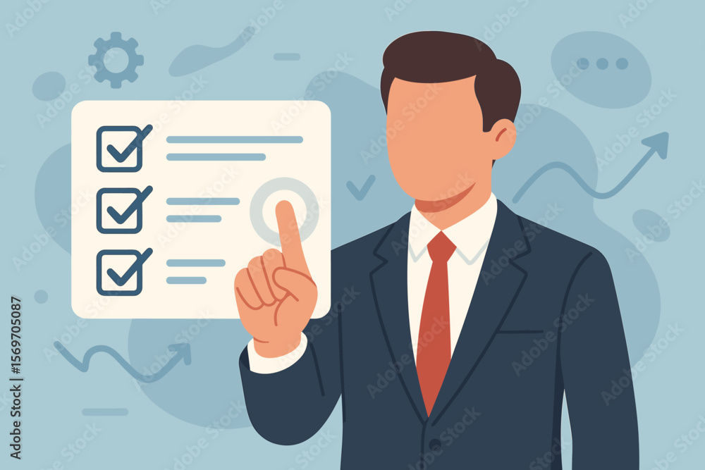 Businessman finger selecting a checklist item on a virtual interface. Concept of task management, planning, productivity, decision making, and digital workflow for business. Businessman finger selecting a checklist item on a virtual interface. Concept of task management, planning, productivity, decision making, and digital workflow for business.