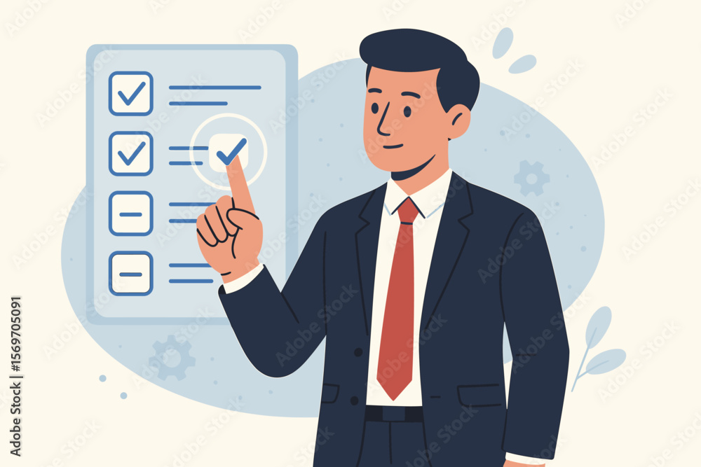 Businessman checking to do list on virtual screen. Task management concept. Productivity, planning, decision making, project completion and successful digital workflow. Businessman checking to do list on virtual screen. Task management concept. Productivity, planning, decision making, project completion and successful digital workflow.