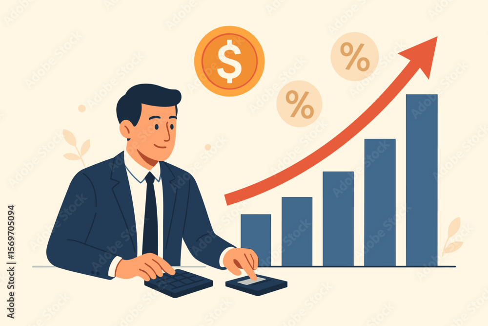 Businessman calculating profit with a calculator. Financial growth concept with increasing bar chart and arrow. Investment success, stock market analysis, economic revenue. Businessman calculating profit with a calculator. Financial growth concept with increasing bar chart and arrow. Investment success, stock market analysis, economic revenue.