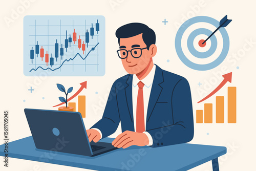 Businessman trader analyzing stock market data on computer. Vector concept of investment strategy, financial growth, economic analysis, and achieving business target goals.