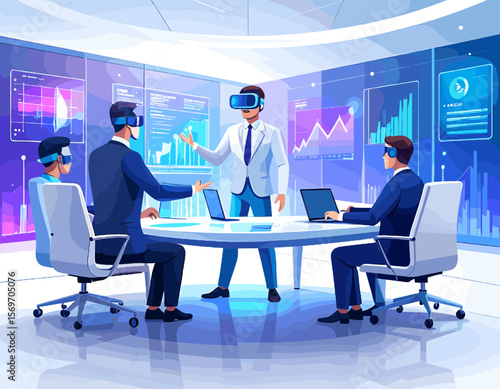 Business Team in Vr Headsets Attending a Meeting with Analytics Displayed in a Bright Modern Office with White Table Blue Charts and Purple Accents