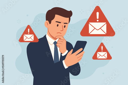 Spam email alert concept. Worried businessman looks at phone with phishing scam warning messages. Cyber security threat, online fraud, and hacker attack risk illustration.