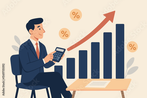 Businessman calculating financial growth, profit analysis. Increasing bar chart with arrow up. Investment strategy, business success concept with percentage icons. Flat vector.