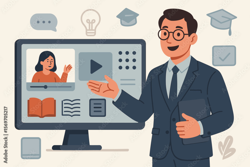 Businessman offering online training on computer. E-learning platform for webinar, coaching, and professional development. Virtual seminar for digital education and learning. Businessman offering online training on computer. E-learning platform for webinar, coaching, and professional development. Virtual seminar for digital education and learning.