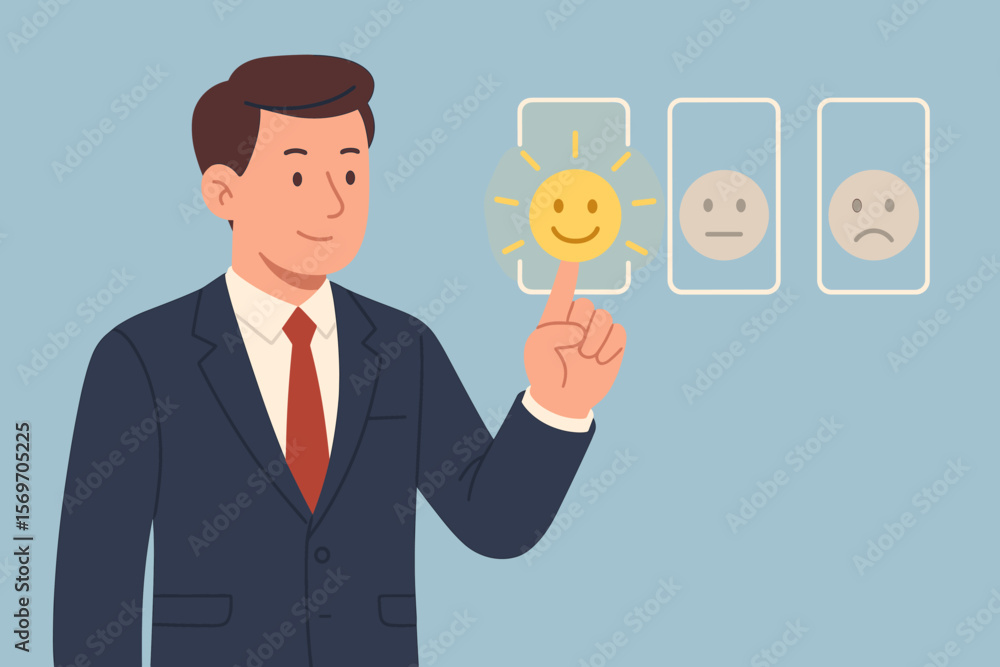 Businessman pressing smiley face emoticon on a virtual touch screen. Customer service evaluation and satisfaction rating concept. Client feedback and positive review. Businessman pressing smiley face emoticon on a virtual touch screen. Customer service evaluation and satisfaction rating concept. Client feedback and positive review.