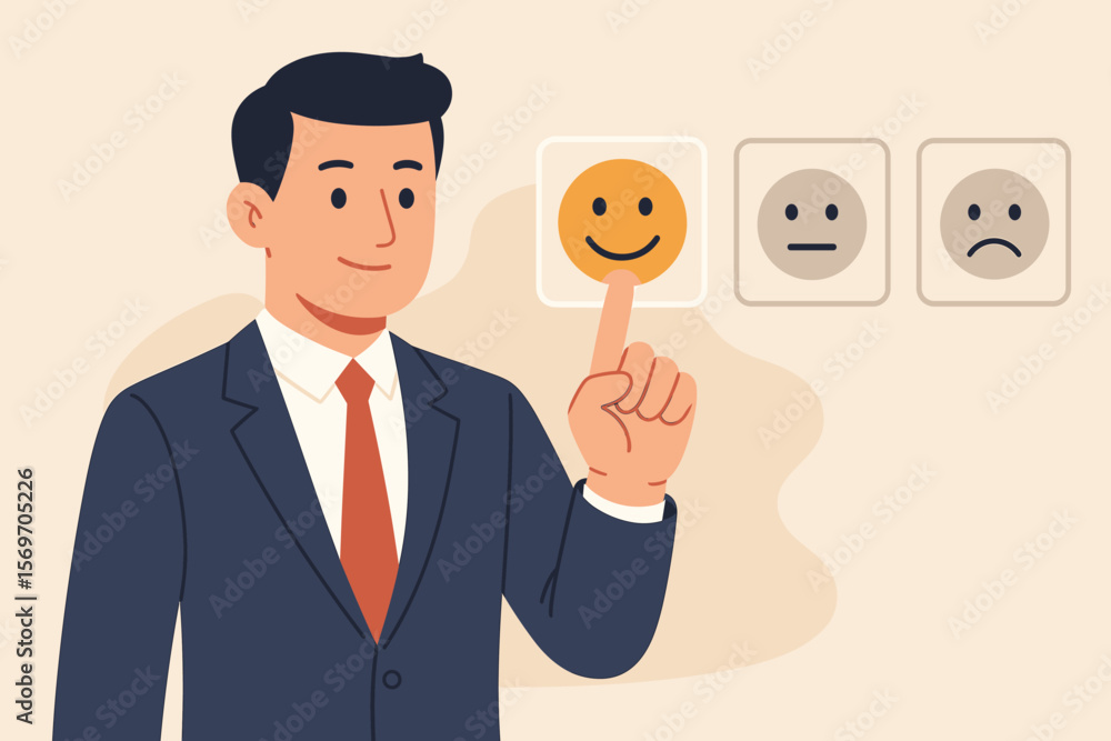 Customer service evaluation concept. Businessman hand pressing a happy smiley face emoticon. Client satisfaction survey, positive feedback, excellent rating, and user review. Customer service evaluation concept. Businessman hand pressing a happy smiley face emoticon. Client satisfaction survey, positive feedback, excellent rating, and user review.