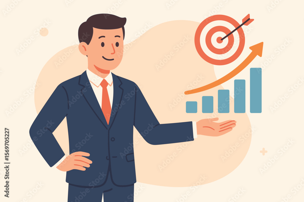 Businessman presenting virtual growth chart and target icon. Symbol of business goal setting, strategic planning, financial success, and corporate development achievement. Businessman presenting virtual growth chart and target icon. Symbol of business goal setting, strategic planning, financial success, and corporate development achievement.