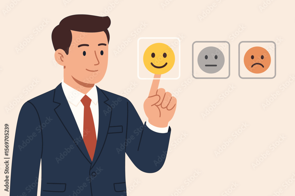Customer service evaluation concept. Businessman pressing happy smiley face emoticon. Client giving positive feedback and high rating for excellent satisfaction. Cartoon vector. Customer service evaluation concept. Businessman pressing happy smiley face emoticon. Client giving positive feedback and high rating for excellent satisfaction. Cartoon vector.