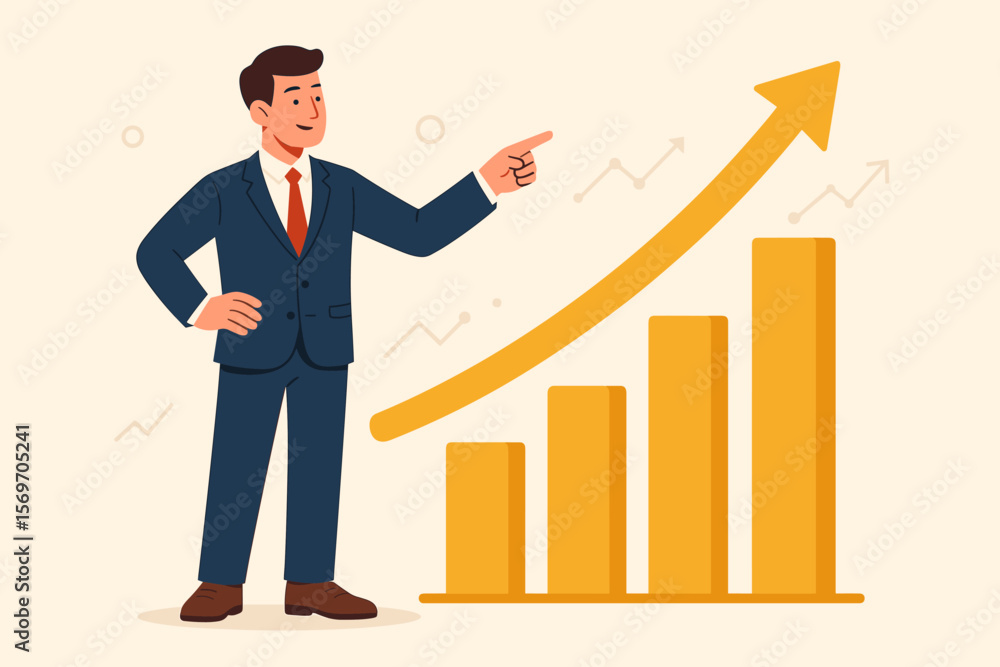 Businessman pointing at a golden upward graph. Concept of financial growth, business success, data analysis, investment performance, economic progress, profit, development. Businessman pointing at a golden upward graph. Concept of financial growth, business success, data analysis, investment performance, economic progress, profit, development.