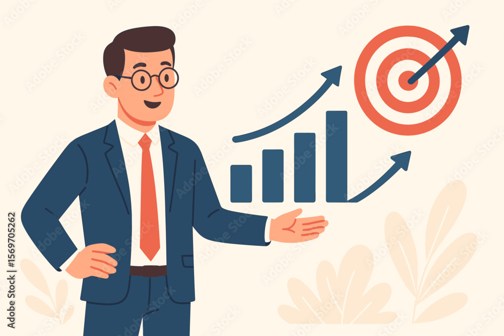 Businessman presenting a virtual growth chart and target icon. Business goal setting, strategic planning, successful development, marketing strategy, and data analysis concept. Businessman presenting a virtual growth chart and target icon. Business goal setting, strategic planning, successful development, marketing strategy, and data analysis concept.