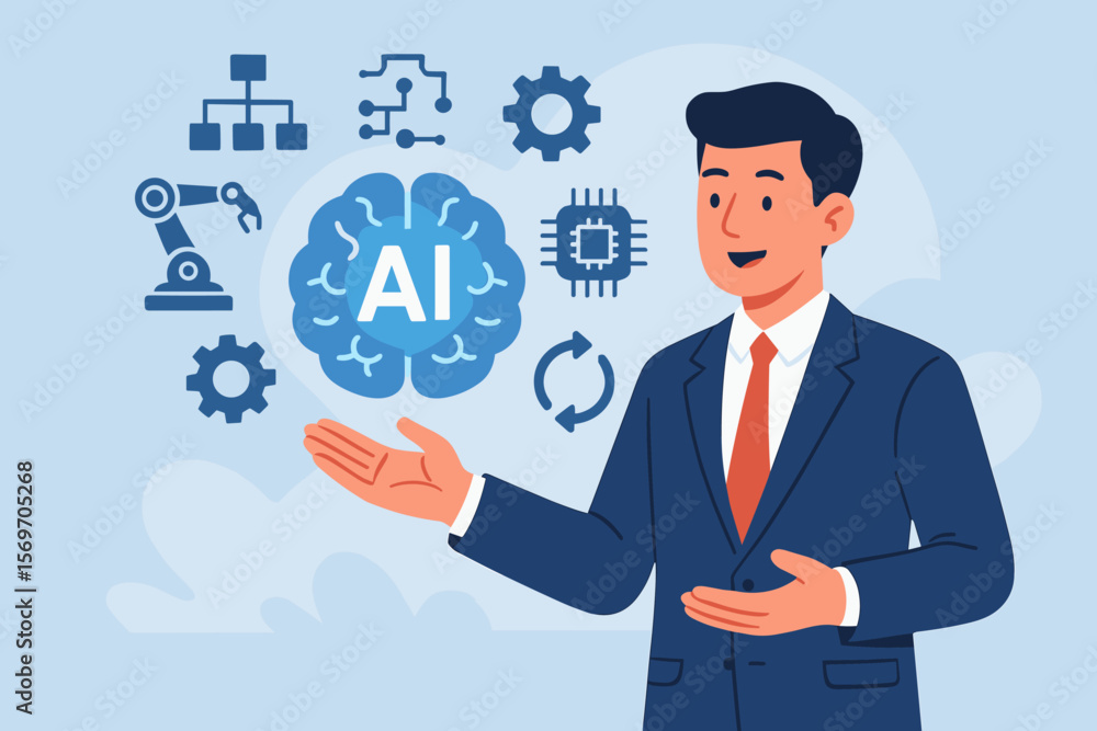 Businessman presenting artificial intelligence. Man with AI brain icon, gear, robotic arm, chip. Concept of machine learning, automation, innovation, digital transformation, business. Businessman presenting artificial intelligence. Man with AI brain icon, gear, robotic arm, chip. Concept of machine learning, automation, innovation, digital transformation, business.