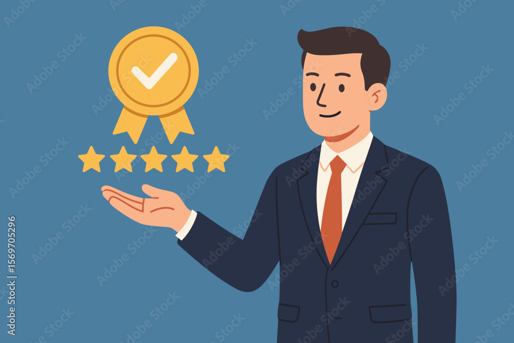 Businessman presenting five star quality assurance, top service guarantee, ISO certification, product standards, best quality concept, excellence, standardization, reliability Businessman presenting five star quality assurance, top service guarantee, ISO certification, product standards, best quality concept, excellence, standardization, reliability