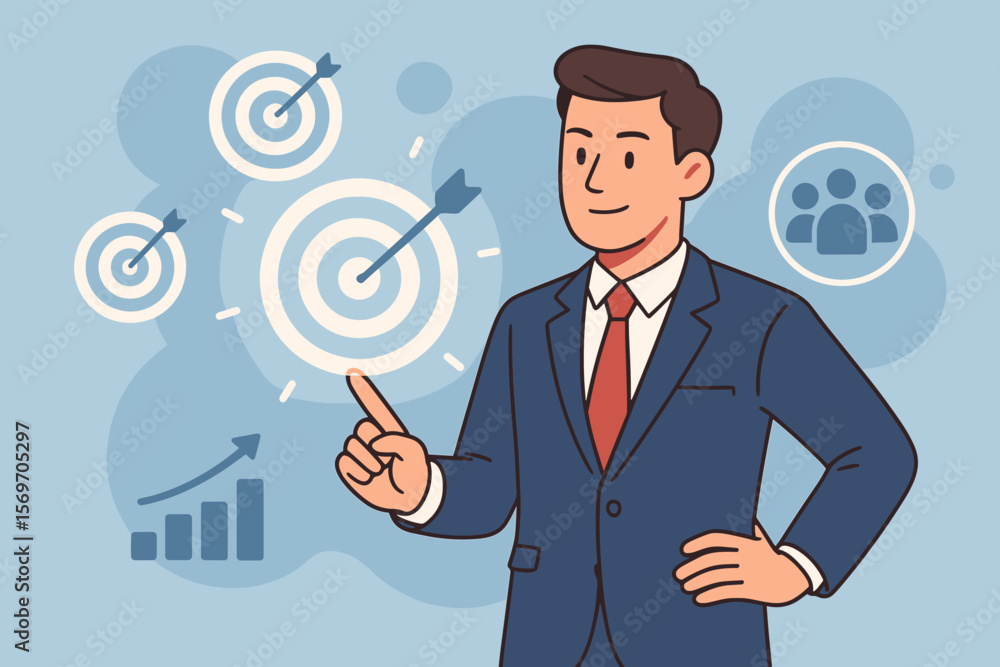 Businessman pointing at virtual target icons for business objective concept. Strategic planning for growth and success. Mission, vision, and target customer group metaphor. Businessman pointing at virtual target icons for business objective concept. Strategic planning for growth and success. Mission, vision, and target customer group metaphor.