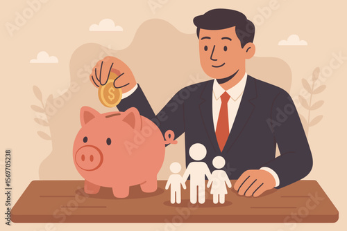 Businessman Depositing Coin in Piggy Bank with Family Icons, Financial Planning, Savings, Charity, Fundraising, Family Budget, Investment, Superannuation, Wealth Management Concept