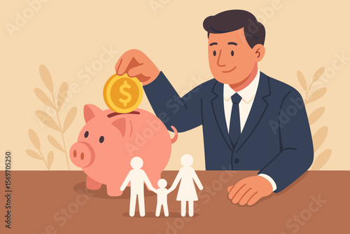 Businessman Saving Money in Piggy Bank for Family, Financial Planning, Charity Donation, Fundraising, Investment, Superannuation, Family Budget, Wealth Management Concept