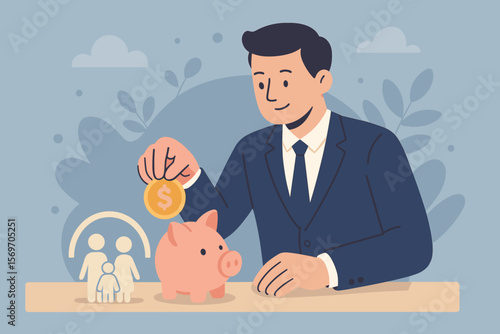 Businessman Saving Money in Piggy Bank for Family Financial Planning, Charity Donation, Fundraising, Superannuation, Investment, Wealth Management, Future Security Concept