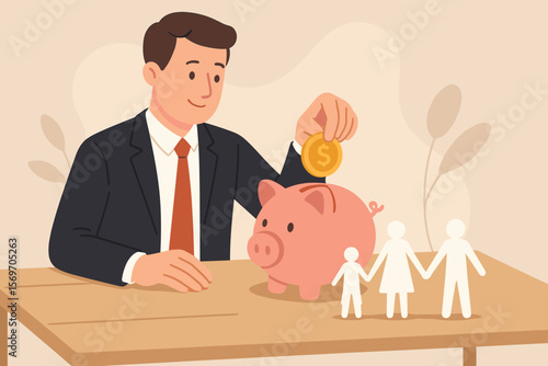 Businessman Saving Money in Piggy Bank for Family, Financial Planning, Charity Donation, Fundraising, Superannuation, Investment, Family Budget, Wealth Management Concept