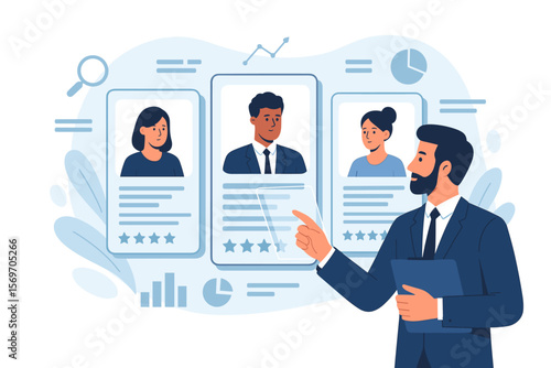 HR manager reviewing digital resumes on a virtual interface. Online recruitment concept with candidate evaluation. Smart hiring technology, HR analytics and talent acquisition.