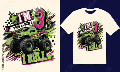 Green monster truck birthday design with pink and black accents three