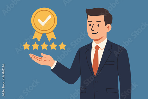 Businessman presenting five star quality assurance, top service guarantee, ISO certification, product standards, best quality concept, excellence, standardization, reliability