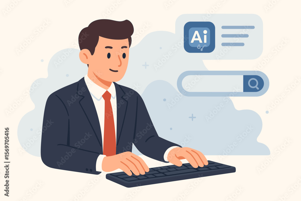 Businessman typing on keyboard with AI chat bubble and search bar interface, artificial intelligence technology innovation, online information search, digital workspace concept Businessman typing on keyboard with AI chat bubble and search bar interface, artificial intelligence technology innovation, online information search, digital workspace concept