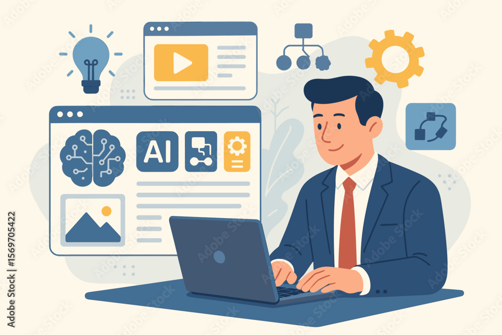 Businessman using laptop with artificial intelligence content generation platform, smart dashboard, digital innovation tools, machine learning, automation, business productivity, creativity Businessman using laptop with artificial intelligence content generation platform, smart dashboard, digital innovation tools, machine learning, automation, business productivity, creativity
