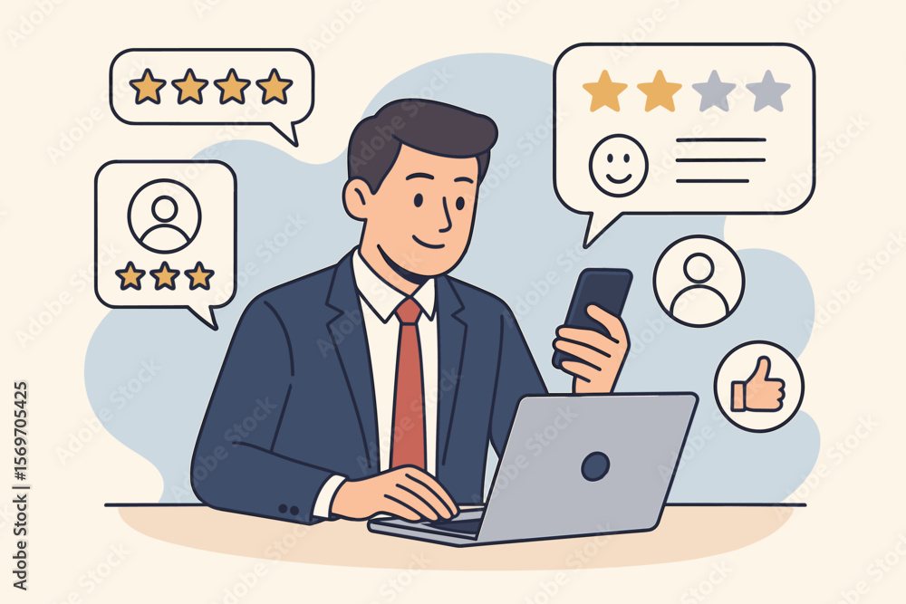 Businessman using laptop and smartphone analyzing customer review ratings, online feedback, user experience evaluation, digital marketing, service quality, client satisfaction Businessman using laptop and smartphone analyzing customer review ratings, online feedback, user experience evaluation, digital marketing, service quality, client satisfaction