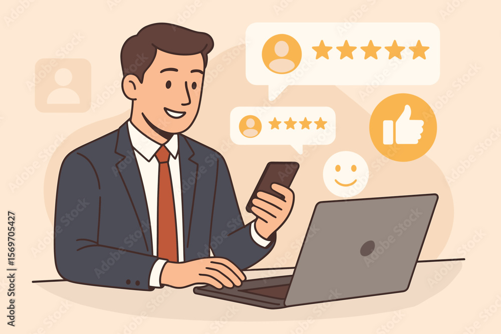 Businessman using laptop and smartphone for online customer review, feedback rating, user experience evaluation, digital marketing, service quality, satisfaction, reputation management Businessman using laptop and smartphone for online customer review, feedback rating, user experience evaluation, digital marketing, service quality, satisfaction, reputation management