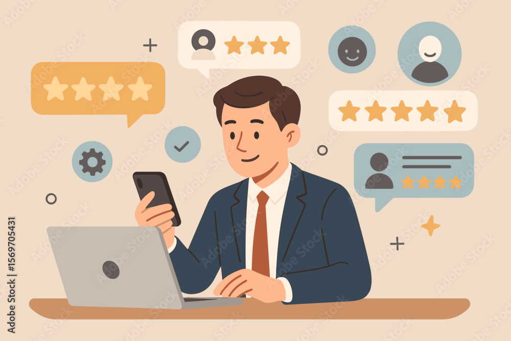 Businessman using laptop and smartphone analyzing customer review ratings, online feedback system, user experience evaluation, digital marketing, service quality management Businessman using laptop and smartphone analyzing customer review ratings, online feedback system, user experience evaluation, digital marketing, service quality management