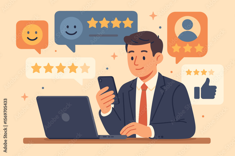 Businessman using laptop and smartphone with customer review rating, online feedback system, user experience evaluation, digital marketing, service quality, satisfaction concept Businessman using laptop and smartphone with customer review rating, online feedback system, user experience evaluation, digital marketing, service quality, satisfaction concept