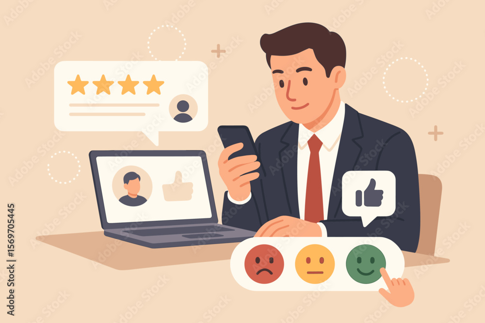 Businessman using smartphone and laptop for customer satisfaction rating, online review system, feedback evaluation, digital marketing, brand reputation management, positive survey Businessman using smartphone and laptop for customer satisfaction rating, online review system, feedback evaluation, digital marketing, brand reputation management, positive survey