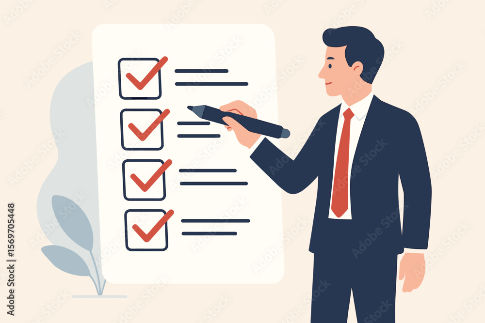 Businessman marking checklist with red check marks, quality control, project approval, document verification, business audit, task management, success, workplace productivity Businessman marking checklist with red check marks, quality control, project approval, document verification, business audit, task management, success, workplace productivity