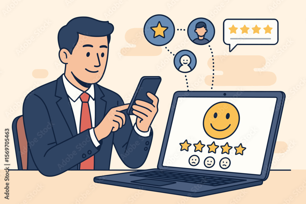 Businessman using smartphone and laptop for customer satisfaction rating, online review system, feedback evaluation, digital marketing, brand reputation management, five star rating Businessman using smartphone and laptop for customer satisfaction rating, online review system, feedback evaluation, digital marketing, brand reputation management, five star rating