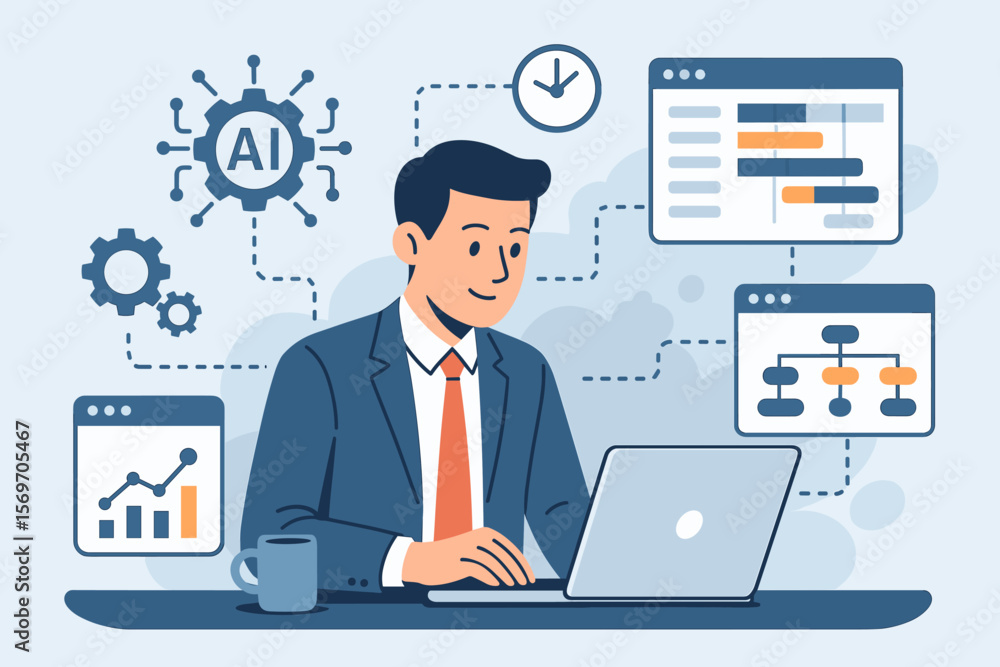 Businessman using laptop with AI automation, project management dashboard, workflow optimization, data analytics, technology innovation, digital transformation, productivity Businessman using laptop with AI automation, project management dashboard, workflow optimization, data analytics, technology innovation, digital transformation, productivity