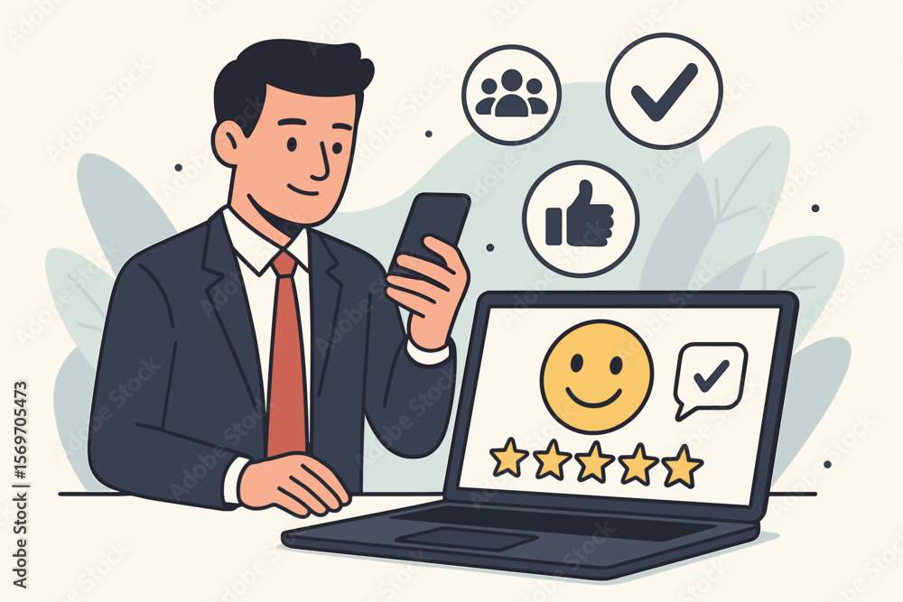 Businessman using smartphone and laptop analyzing customer satisfaction rating, online review system, digital feedback evaluation, brand reputation management, marketing strategy Businessman using smartphone and laptop analyzing customer satisfaction rating, online review system, digital feedback evaluation, brand reputation management, marketing strategy