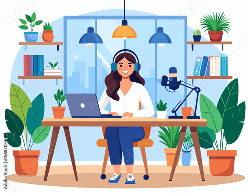 Cheerful Woman with Headphones Recording Podcast at Wooden Desk with Laptop Microphone and Plants in Brightly Lit Room