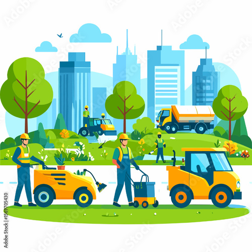 City Park Maintenance Scene with Yellow Vehicles and Workers Against a Blue Skyline and Green Trees on a Bright Day