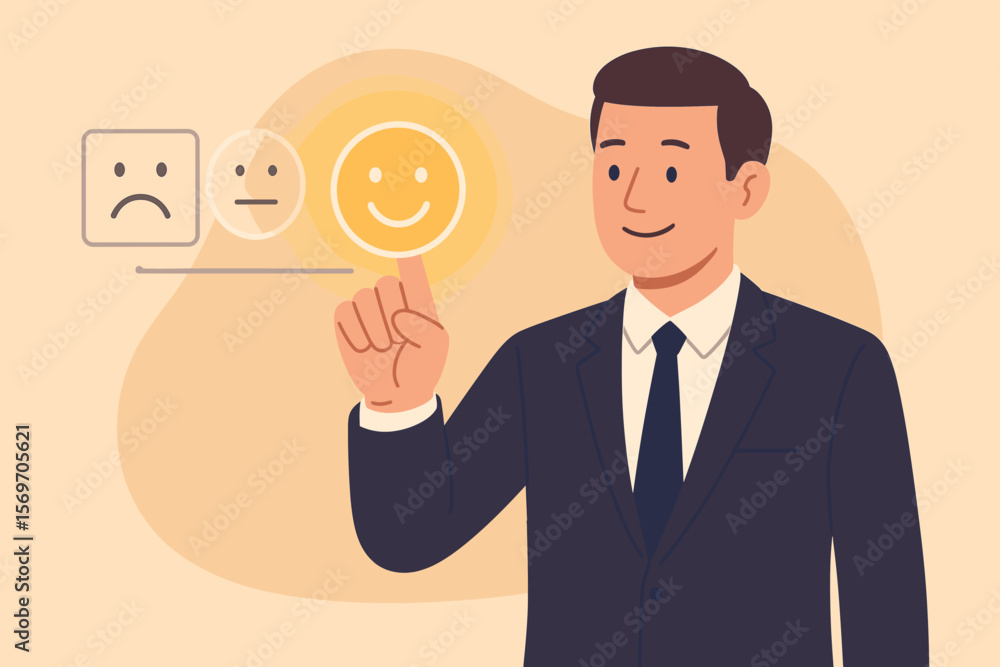 Customer satisfaction rating concept. Businessman in suit selecting happy smiley face on virtual feedback screen. Positive review, client service, user experience evaluation, survey. Customer satisfaction rating concept. Businessman in suit selecting happy smiley face on virtual feedback screen. Positive review, client service, user experience evaluation, survey.