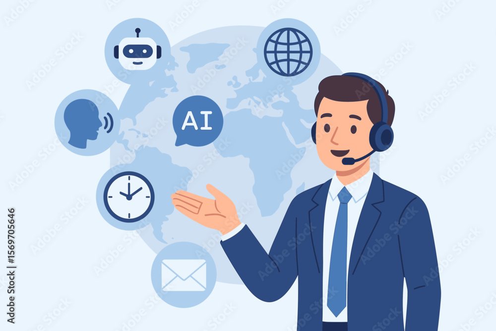 Businessman Providing AI Customer Service and Digital Support, Global Communication, Online Helpdesk, 24/7 Assistance, Contact Us, Technology, Virtual Assistant Concept Businessman Providing AI Customer Service and Digital Support, Global Communication, Online Helpdesk, 24/7 Assistance, Contact Us, Technology, Virtual Assistant Concept