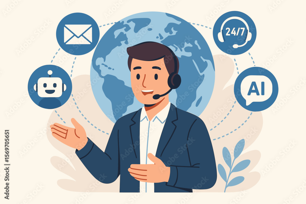 Global customer support and service concept. Businessman with headset offering digital assistance, AI chatbot, 24/7 online helpdesk, email communication, worldwide contact solutions Global customer support and service concept. Businessman with headset offering digital assistance, AI chatbot, 24/7 online helpdesk, email communication, worldwide contact solutions