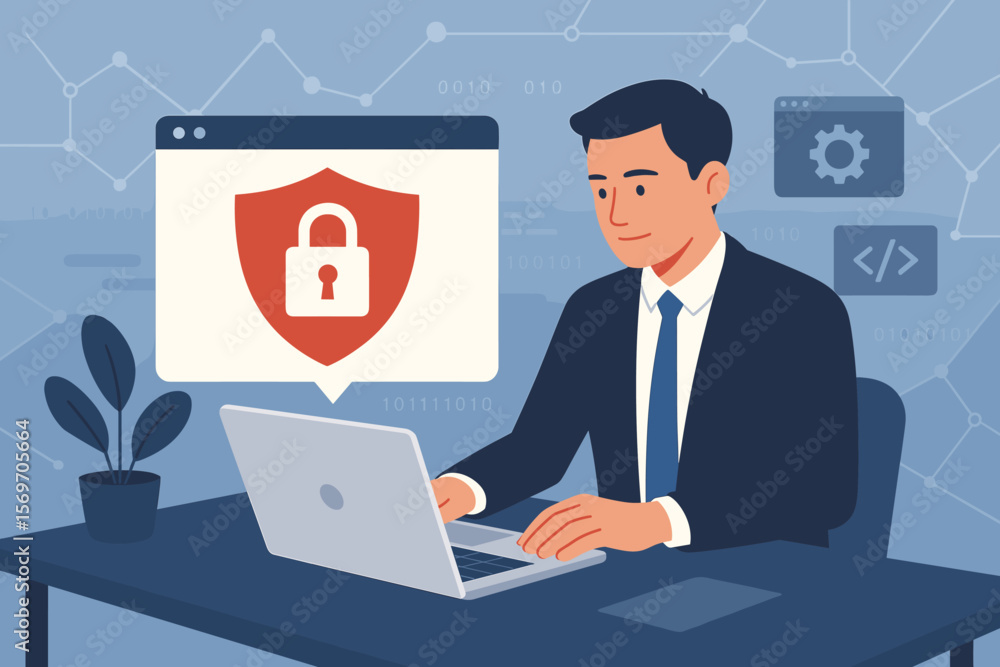 Cybersecurity business technology concept. Businessman in office using laptop with secure data protection shield. Internet network, software development, digital privacy, online safety Cybersecurity business technology concept. Businessman in office using laptop with secure data protection shield. Internet network, software development, digital privacy, online safety