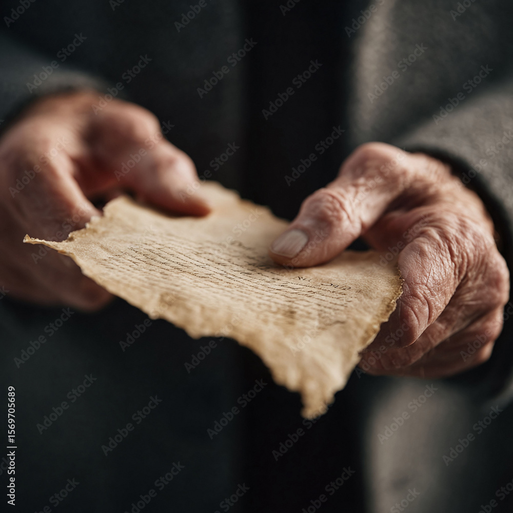 A closeup of aged hands holding a fragile, antique document. Evokes themes of history, heritage, memories, and legacy. Ideal for genealogy, storytelling, or nostalgia. A closeup of aged hands holding a fragile, antique document. Evokes themes of history, heritage, memories, and legacy. Ideal for genealogy, storytelling, or nostalgia.
