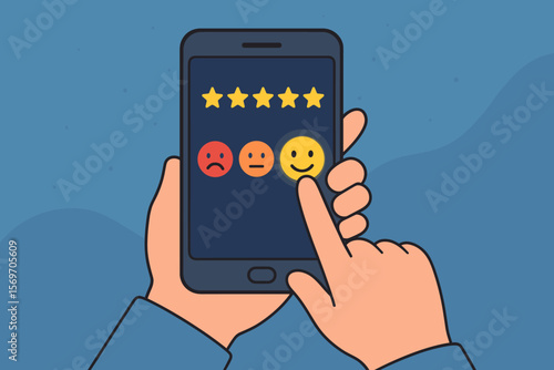 Customer review satisfaction feedback survey concept. Hand holding smartphone with five star rating, happy neutral sad emoji faces. Online service evaluation. Flat vector illustration