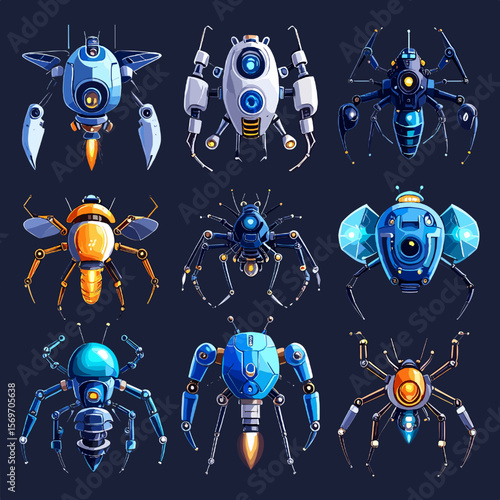 Collection of Pixel Art Robot Designs in Blue Orange and White on Dark Background