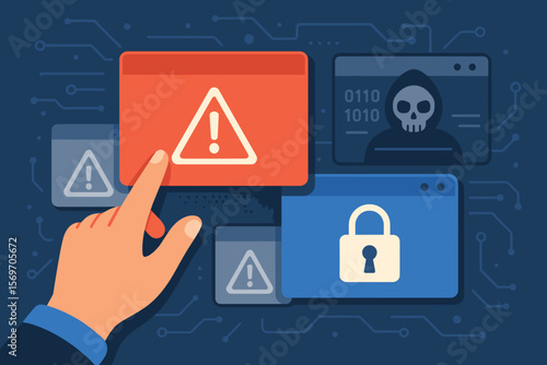 Cybersecurity alert concept with hand interacting with digital warning windows, system error notifications, hacking threat, online data protection, secure internet, cyber attack prevention