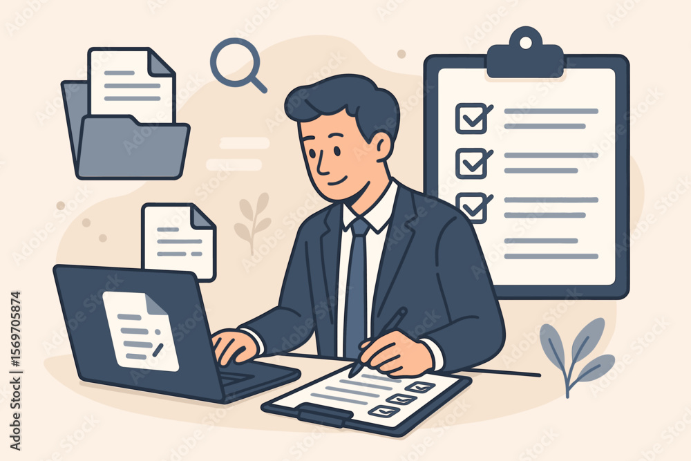 Document management system DMS concept. Businessman using laptop for assessment form, questionnaire, checklist, clipboard task management, productivity, office workflow, data organization Document management system DMS concept. Businessman using laptop for assessment form, questionnaire, checklist, clipboard task management, productivity, office workflow, data organization