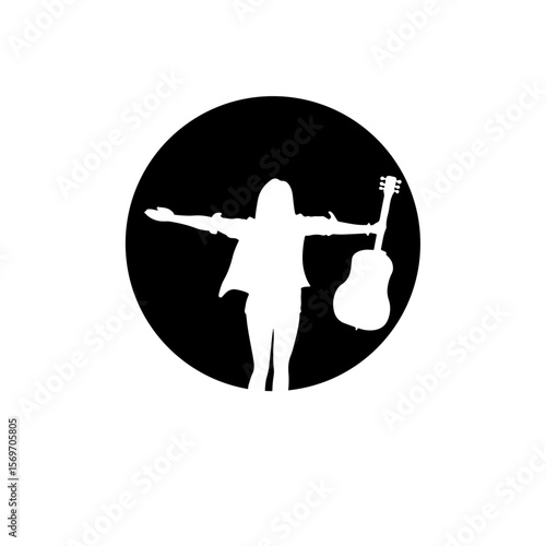 Serene Silhouette: A solitary musician stands silhouetted against a stark backdrop, her guitar held, her posture exuding peace and creative solitude.