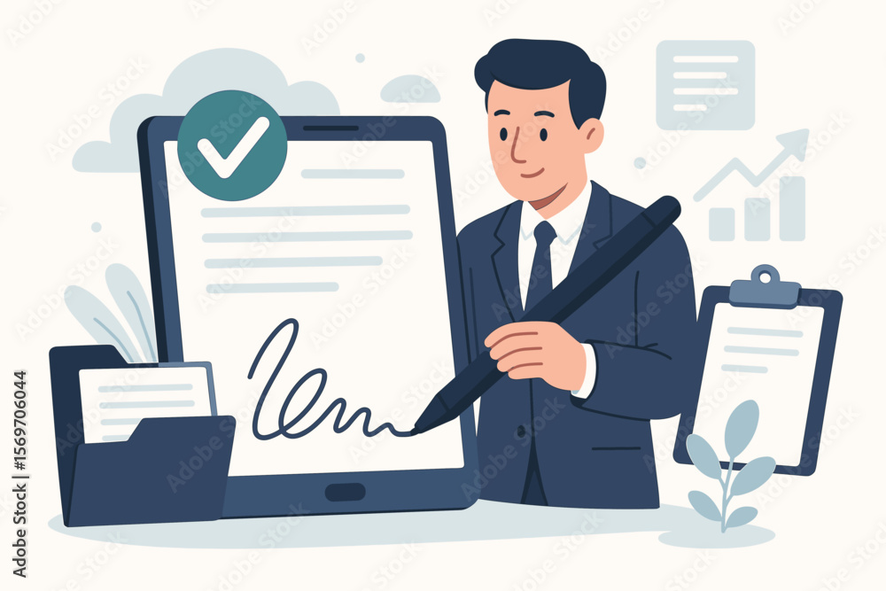 Businessman Signing Electronic Document on Tablet, Digital Signature Approval, Secure Online Contract, Project Authorization, E-Signature, Business Agreement, Paperless Workflow Businessman Signing Electronic Document on Tablet, Digital Signature Approval, Secure Online Contract, Project Authorization, E-Signature, Business Agreement, Paperless Workflow